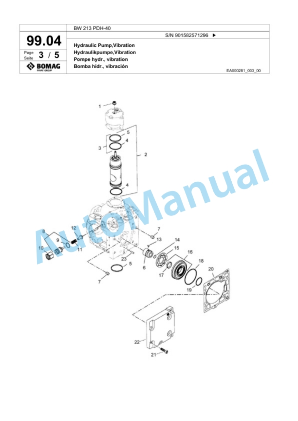 Bomag BW 213 PDH-40 Single Drum Wheel Drive Vibratory Roller Spare Parts Catalogue 00817732-2
