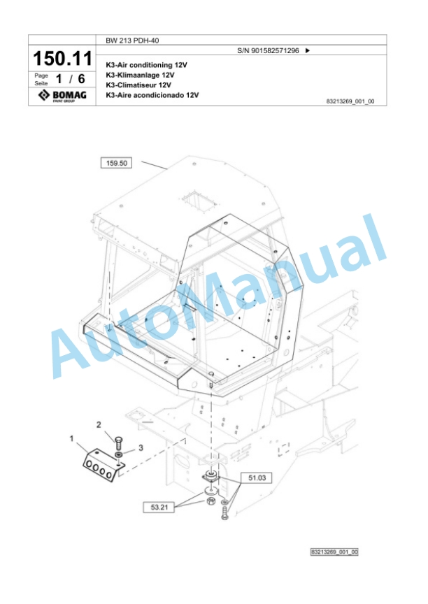 Bomag BW 213 PDH-40 Single Drum Wheel Drive Vibratory Roller Spare Parts Catalogue 00817732-3
