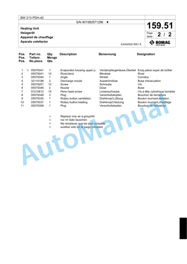 Bomag BW 213 PDH-40 Single Drum Wheel Drive Vibratory Roller Spare Parts Catalogue 00817732-5