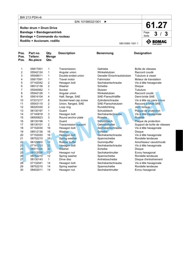 Bomag BW 213 PDH-4i Single Drum Wheel Drive Vibratory Roller Spare Parts Catalogue 00824685-2