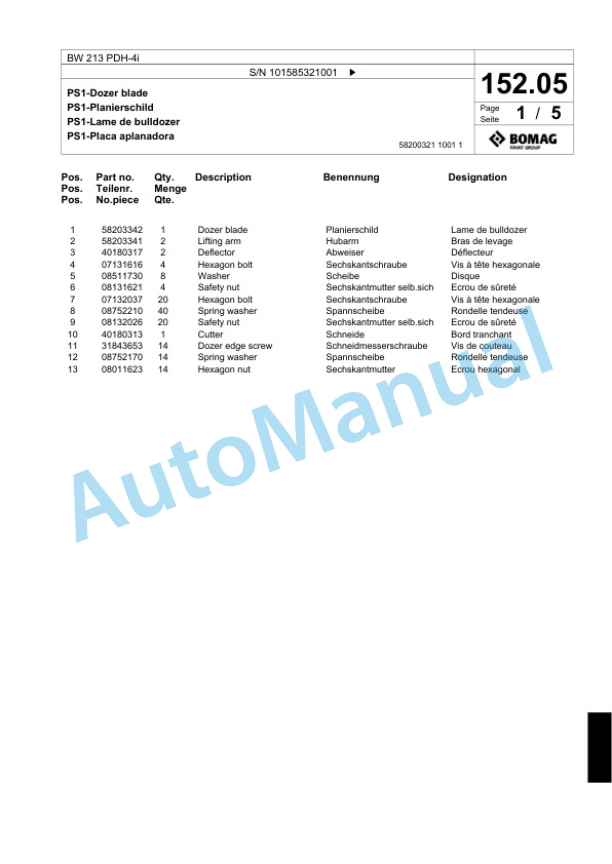 Bomag BW 213 PDH-4i Single Drum Wheel Drive Vibratory Roller Spare Parts Catalogue 00824685-4
