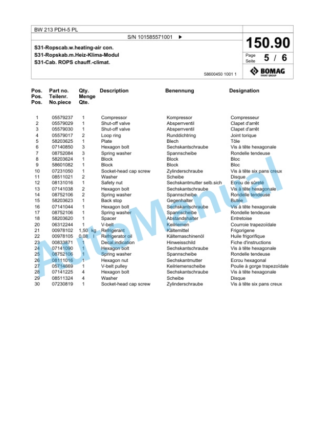 Bomag BW 213 PDH-5 PL Single Drum Wheel Drive Vibratory Roller Spare Parts Catalogue 00827279-4