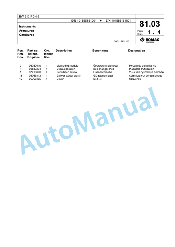 Bomag BW 213 PDH-5 Single Drum Wheel Drive Vibratory Roller Spare Parts Catalogue 00824731-2