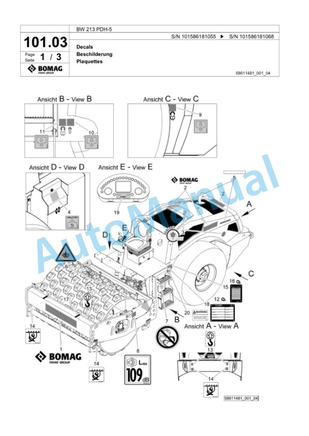 Bomag BW 213 PDH-5 Single Drum Wheel Drive Vibratory Roller Spare Parts Catalogue 00824731-3