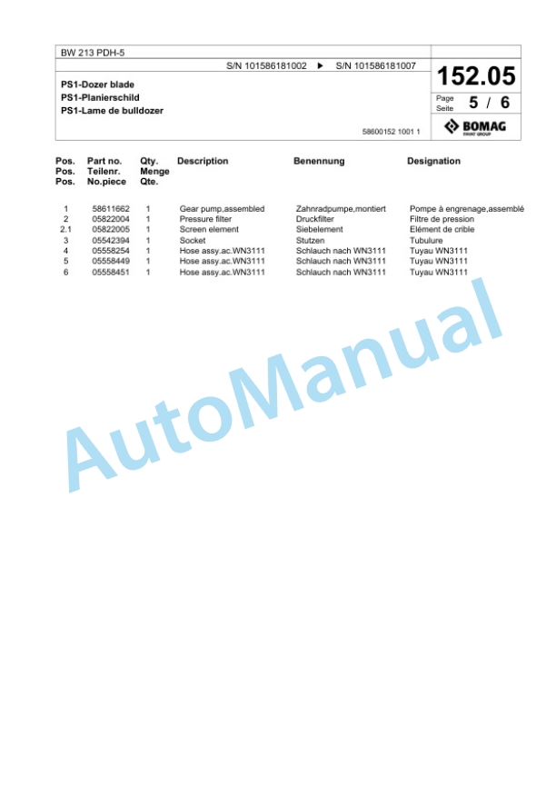Bomag BW 213 PDH-5 Single Drum Wheel Drive Vibratory Roller Spare Parts Catalogue 00824731-5