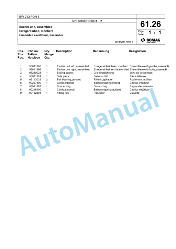 Bomag BW 213 PDH-5 Single Drum Wheel Drive Vibratory Roller Spare Parts Catalogue 00824865-2