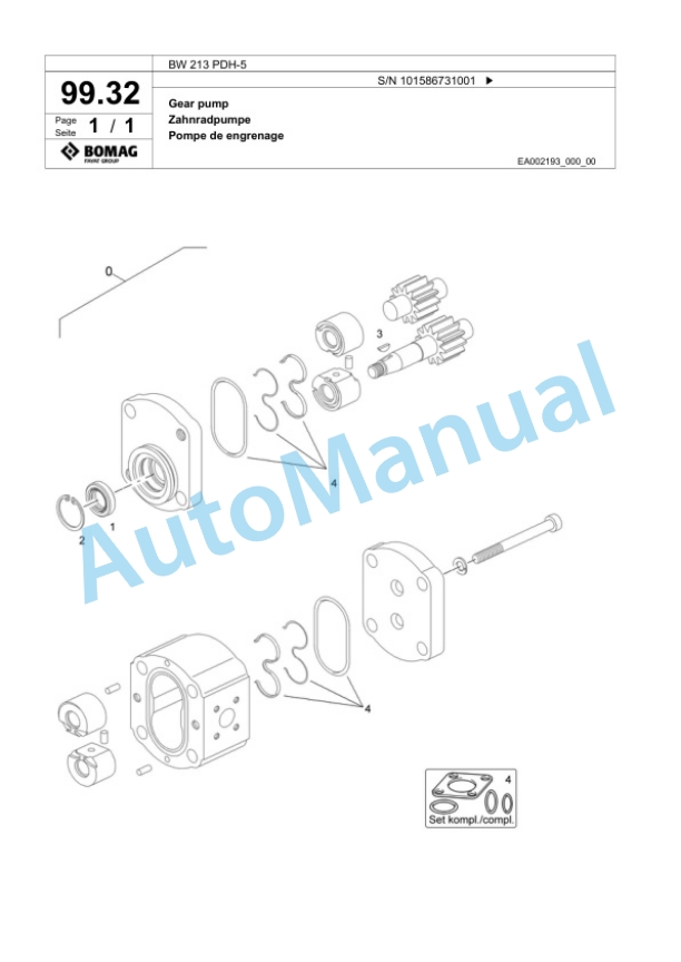 Bomag BW 213 PDH-5 Single Drum Wheel Drive Vibratory Roller Spare Parts Catalogue 00825275-3
