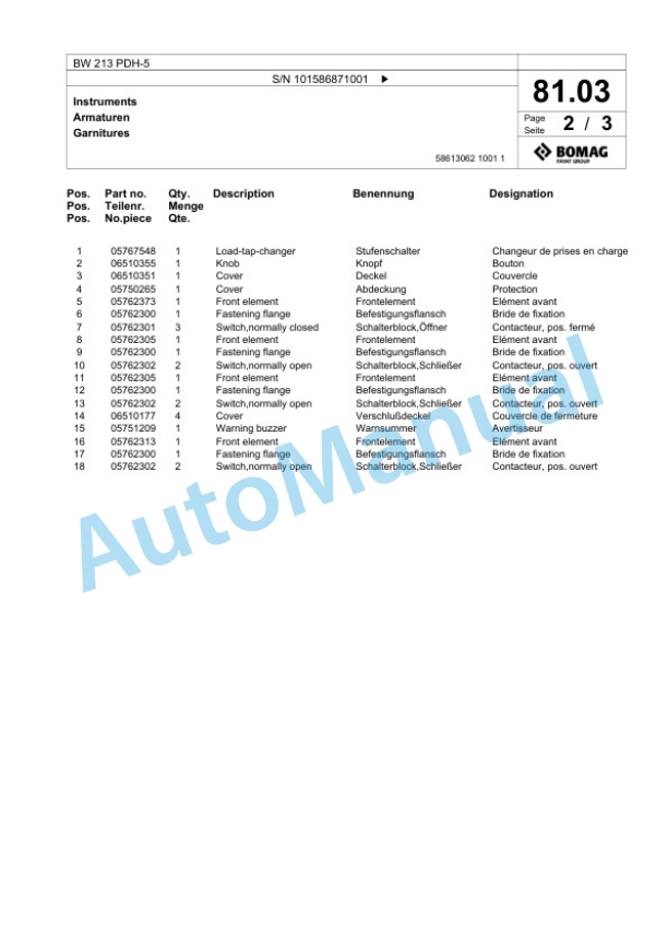 Bomag BW 213 PDH-5 Single Drum Wheel Drive Vibratory Roller Spare Parts Catalogue 00825985-2