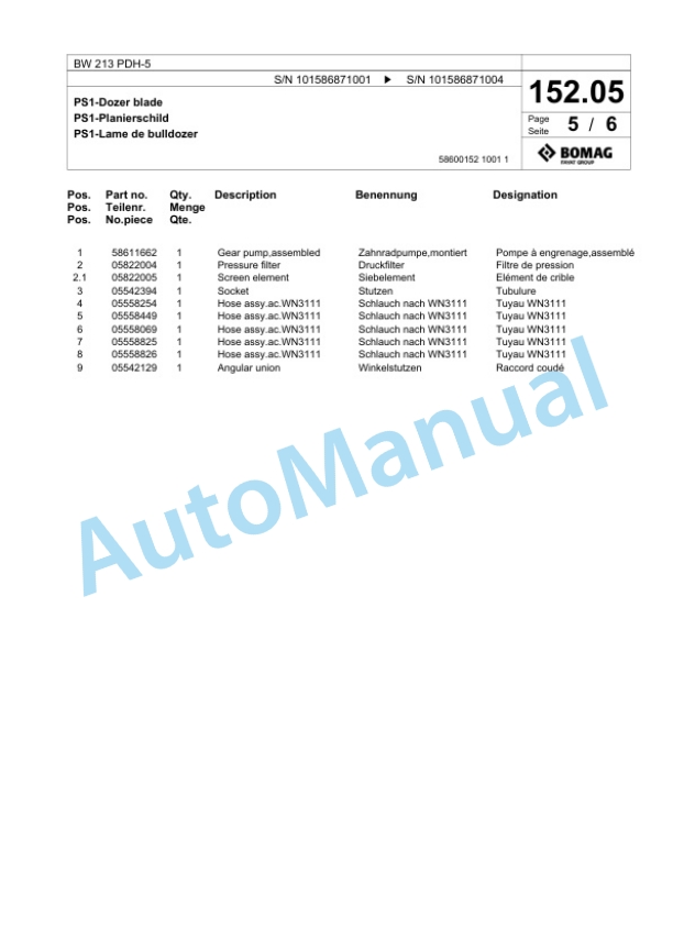 Bomag BW 213 PDH-5 Single Drum Wheel Drive Vibratory Roller Spare Parts Catalogue 00825985-4