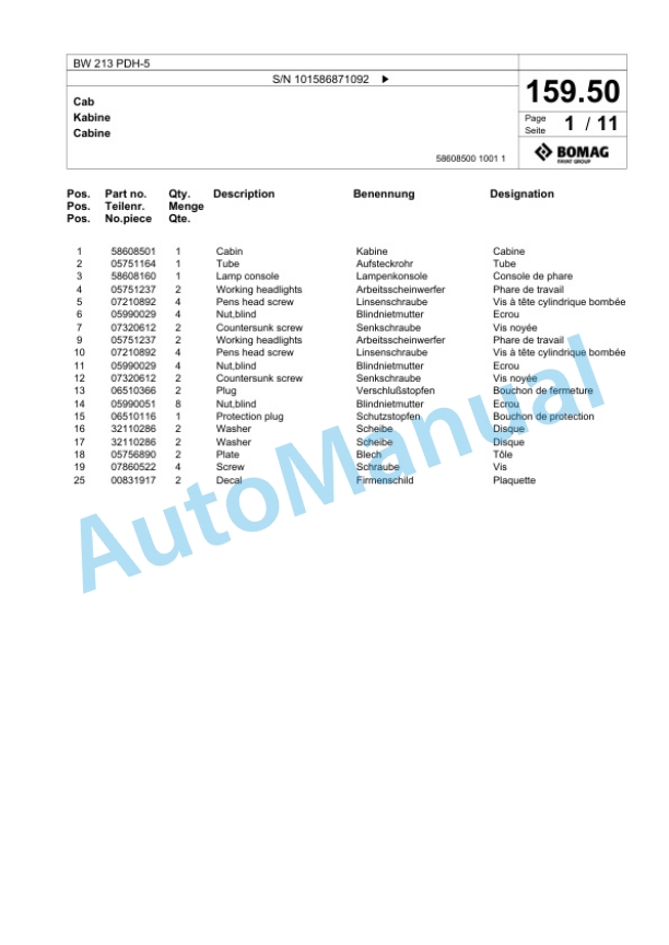 Bomag BW 213 PDH-5 Single Drum Wheel Drive Vibratory Roller Spare Parts Catalogue 00825985-5