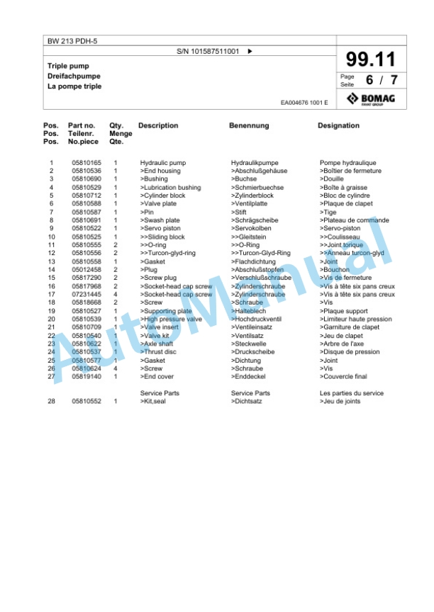 Bomag BW 213 PDH-5 Single Drum Wheel Drive Vibratory Roller Spare Parts Catalogue 00826279-3
