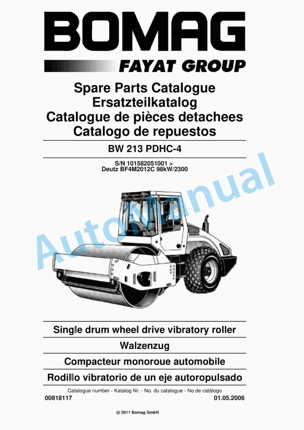 Bomag BW 213 PDHC-4 Single Drum Wheel Drive Vibratory Roller Spare Parts Catalogue 00818117
