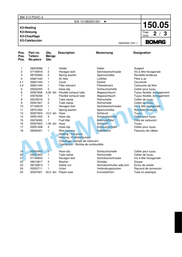 Bomag BW 213 PDHC-4 Single Drum Wheel Drive Vibratory Roller Spare Parts Catalogue 00818117-4
