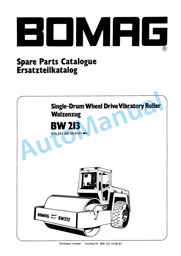 Bomag BW 213 Single Drum Wheel Drive Vibratory Roller Spare Parts Catalogue 00812214