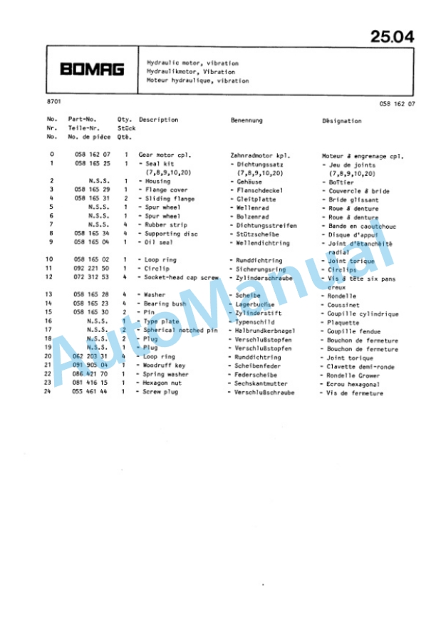 Bomag BW 213 Single Drum Wheel Drive Vibratory Roller Spare Parts Catalogue 00812214-3