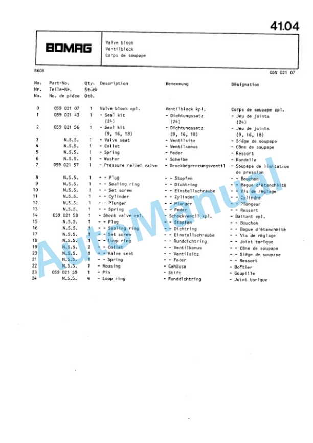 Bomag BW 213 Single Drum Wheel Drive Vibratory Roller Spare Parts Catalogue 00812214-5
