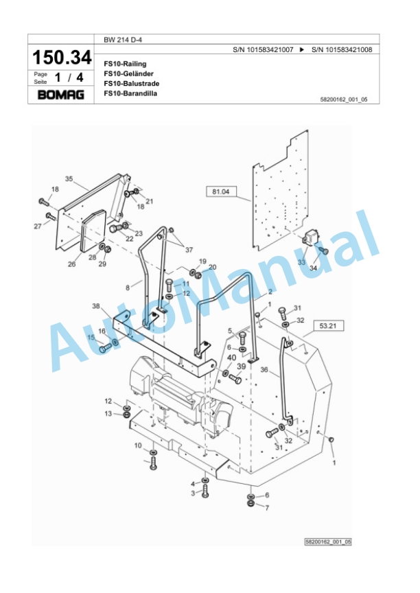 Bomag BW 214 D-4 Single Drum Wheel Drive Vibratory Roller Spare Parts Catalogue 00818651-4