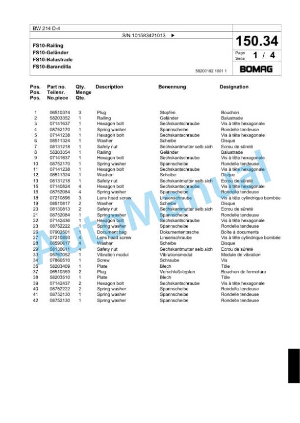 Bomag BW 214 D-4 Single Drum Wheel Drive Vibratory Roller Spare Parts Catalogue 00824165-4