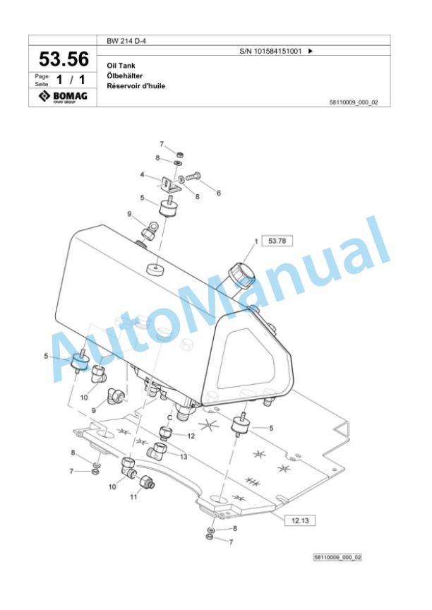 Bomag BW 214 D-4 Single Drum Wheel Drive Vibratory Roller Spare Parts Catalogue 00824185-2