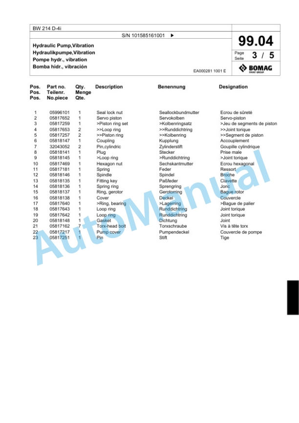 Bomag BW 214 D-4i Single Drum Wheel Drive Vibratory Roller Spare Parts Catalogue 00824457-3