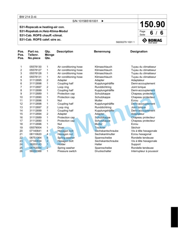 Bomag BW 214 D-4i Single Drum Wheel Drive Vibratory Roller Spare Parts Catalogue 00824457-5