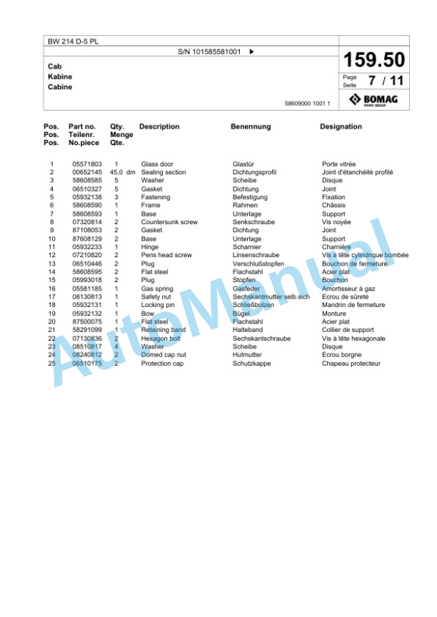 Bomag BW 214 D-5 PL Single Drum Wheel Drive Vibratory Roller Spare Parts Catalogue 00827263-5