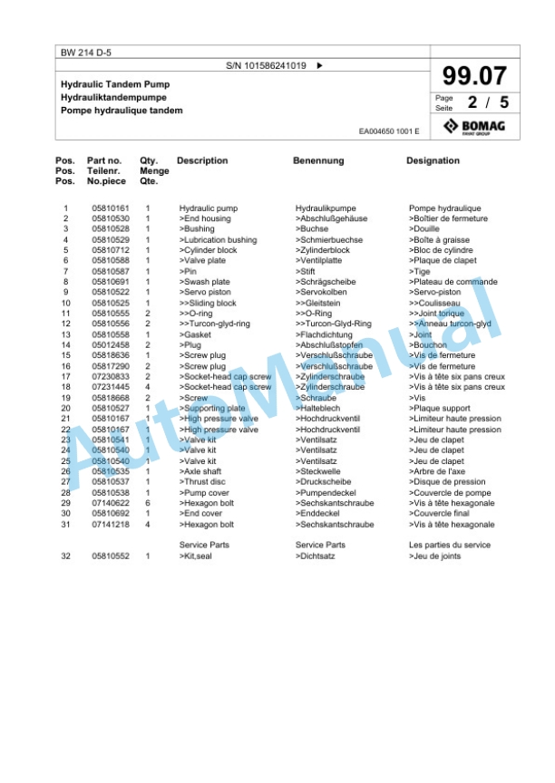 Bomag BW 214 D-5 Single Drum Wheel Drive Vibratory Roller Spare Parts Catalogue 00824813-3