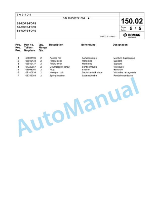 Bomag BW 214 D-5 Single Drum Wheel Drive Vibratory Roller Spare Parts Catalogue 00824813-4