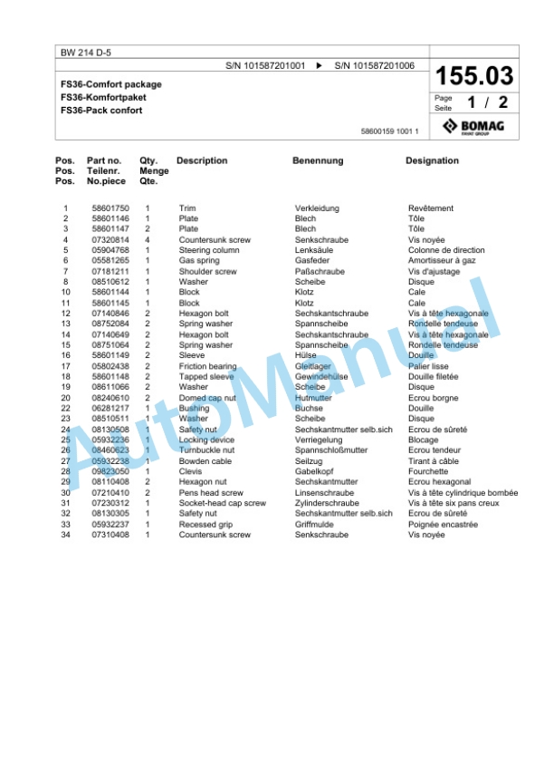 Bomag BW 214 D-5 Single Drum Wheel Drive Vibratory Roller Spare Parts Catalogue 00826073-4