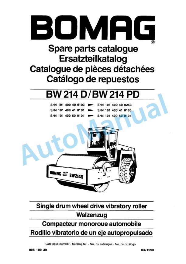 Bomag BW 214 D, BW 214 PD Single Drum Wheel Drive Vibratory Roller Spare Parts Catalogue 00810039