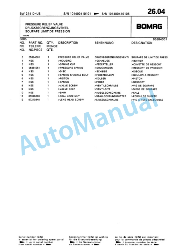 Bomag BW 214 D, BW 214 PD Single Drum Wheel Drive Vibratory Roller Spare Parts Catalogue 00810039-2