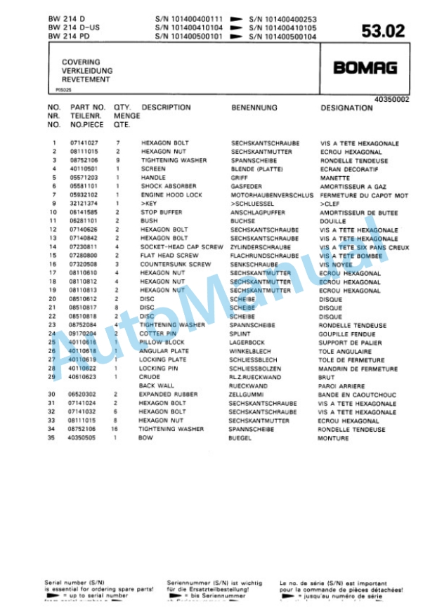 Bomag BW 214 D, BW 214 PD Single Drum Wheel Drive Vibratory Roller Spare Parts Catalogue 00810039-3