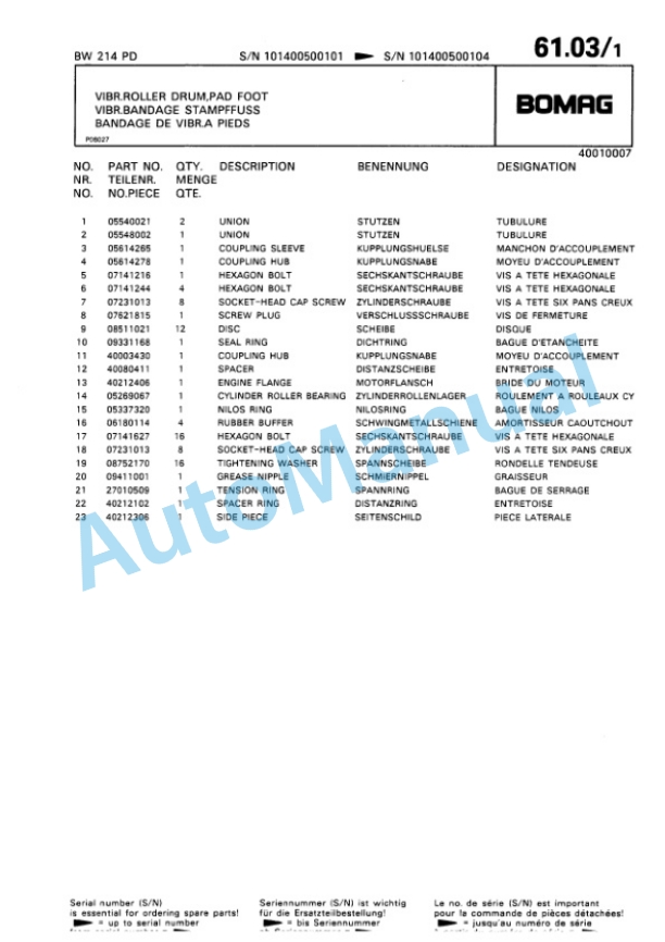 Bomag BW 214 D, BW 214 PD Single Drum Wheel Drive Vibratory Roller Spare Parts Catalogue 00810039-4