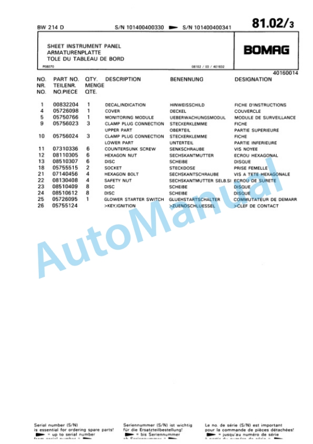 Bomag BW 214 D Single Drum Wheel Drive Vibratory Roller Spare Parts Catalogue 00810139-4