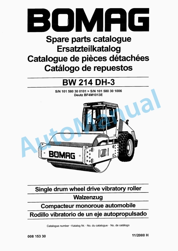 Bomag BW 214 DH-3 Single Drum Wheel Drive Vibratory Roller Spare Parts Catalogue 00815330