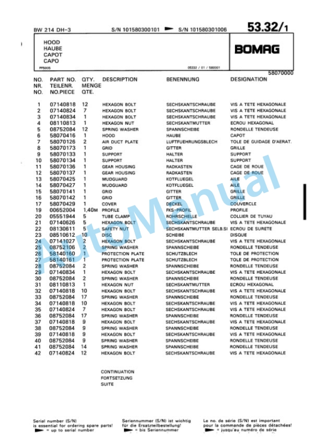 Bomag BW 214 DH-3 Single Drum Wheel Drive Vibratory Roller Spare Parts Catalogue 00815330-2