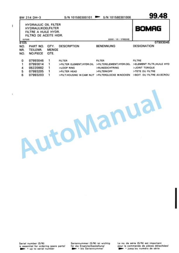 Bomag BW 214 DH-3 Single Drum Wheel Drive Vibratory Roller Spare Parts Catalogue 00815330-3