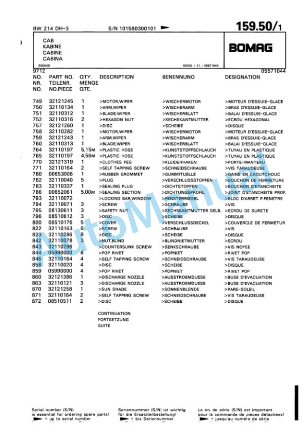 Bomag BW 214 DH-3 Single Drum Wheel Drive Vibratory Roller Spare Parts Catalogue 00815330-5