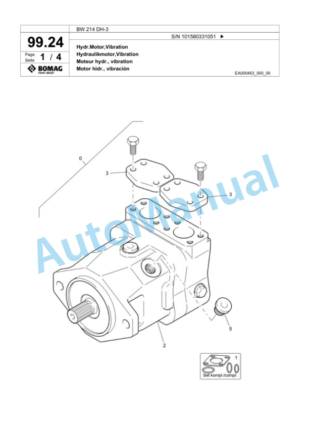Bomag BW 214 DH-3 Single Drum Wheel Drive Vibratory Roller Spare Parts Catalogue 00817532-2