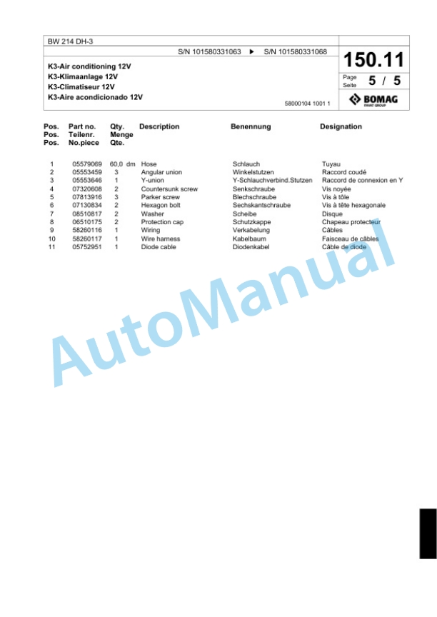 Bomag BW 214 DH-3 Single Drum Wheel Drive Vibratory Roller Spare Parts Catalogue 00817532-3