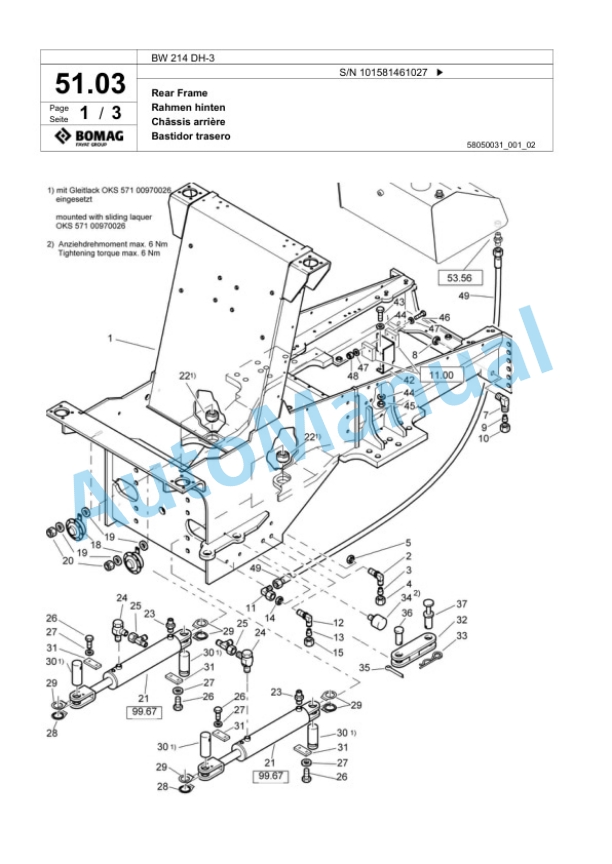 Bomag BW 214 DH-3 Single Drum Wheel Drive Vibratory Roller Spare Parts Catalogue 00817592-2