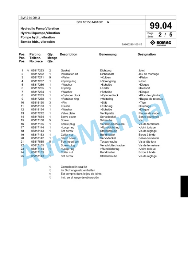 Bomag BW 214 DH-3 Single Drum Wheel Drive Vibratory Roller Spare Parts Catalogue 00817592-3