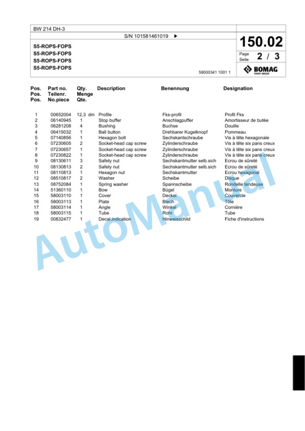 Bomag BW 214 DH-3 Single Drum Wheel Drive Vibratory Roller Spare Parts Catalogue 00817592-4