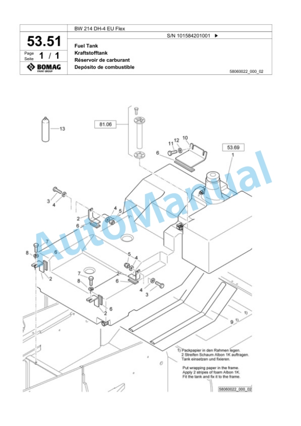 Bomag BW 214 DH-4 EU Flex Single Drum Wheel Drive Vibratory Roller Spare Parts Catalogue 00824565-2