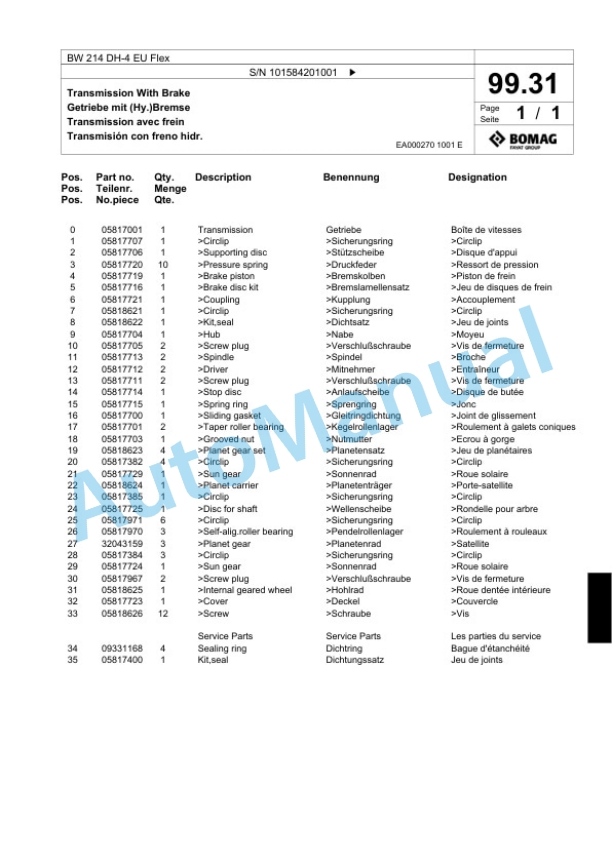 Bomag BW 214 DH-4 EU Flex Single Drum Wheel Drive Vibratory Roller Spare Parts Catalogue 00824565-3