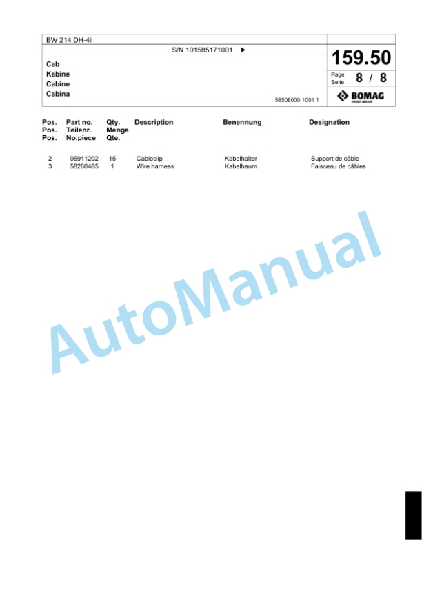 Bomag BW 214 DH-4i Single Drum Wheel Drive Vibratory Roller Spare Parts Catalogue 00824459-5