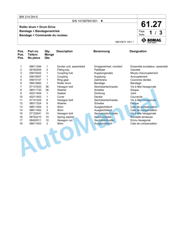 Bomag BW 214 DH-5 Single Drum Wheel Drive Vibratory Roller Spare Parts Catalogue 00826437-2