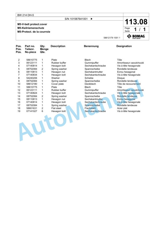 Bomag BW 214 DH-5 Single Drum Wheel Drive Vibratory Roller Spare Parts Catalogue 00826437-3