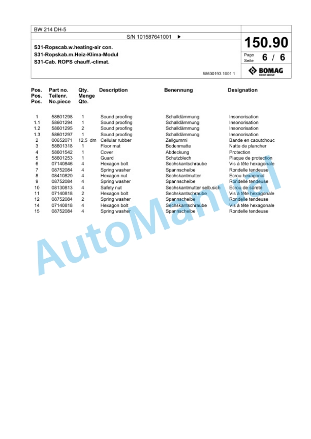 Bomag BW 214 DH-5 Single Drum Wheel Drive Vibratory Roller Spare Parts Catalogue 00826437-4