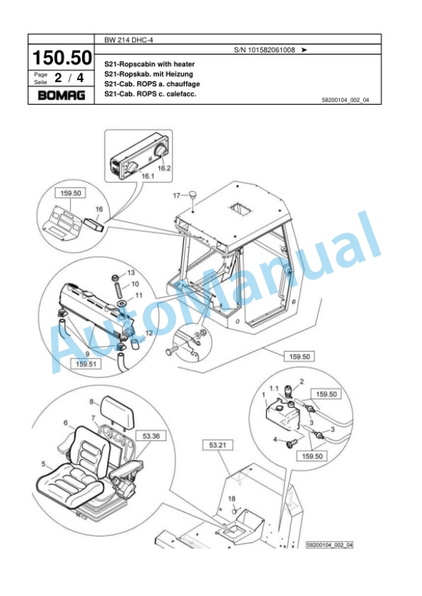 Bomag BW 214 DHC-4 Single Drum Wheel Drive Vibratory Roller Spare Parts Catalogue 00818029-4